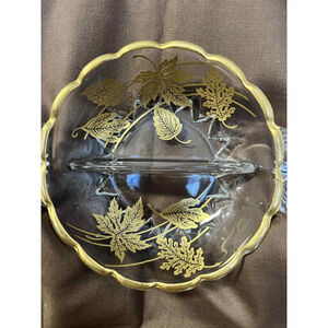 Gold Crystal Clear Leaves Divided Nut Candy Dish MCM Relish Vintage Fall EUC